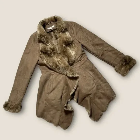 Boston Proper Faux Suede Faux Fur Coat Women’s M Tan Waterfall Jacket Stylish - Picture 1 of 5